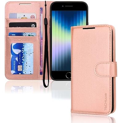 TECHGEAR Leren portemonneehoesje voor iPhone SE 2022 5G /2020, iPhone 8/7/6, met kaarthouder en polsband, roségoud, magneetsluiting voor iPhone SE 3/SE 2/iPhone 8 7 6 6S 4,7 inch TECHGEAR Leren portemonneehoesje voor iPhone SE 2022 5G /2020, iPhone 8/7/6, met kaarthouder en polsband, roségoud, magneetsluiting voor iPhone SE 3/SE 2/iPhone 8 7 6 6S 4,7 inch