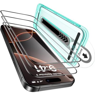 ESR 3 stuks displaybeschermfolie van gehard glas voor iPhone 16 Pro, hardheid 9H, onbreekbaar, militaire kwaliteit, volledige afdekking met perfecte pasvorm, HD transparant ESR 3 stuks displaybeschermfolie van gehard glas voor iPhone 16 Pro, hardheid 9H, onbreekbaar, militaire kwaliteit, volledige afdekking met perfecte pasvorm, HD transparant