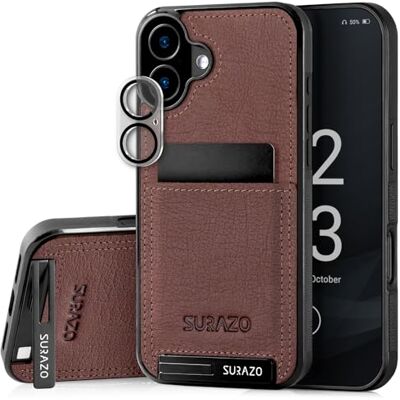 SURAZO Hoes voor achterkant van echt leer voor Apple iPhone 16 Plus, leren beschermhoes, stootvast, camerabescherming van glas, kaartenvak, SURAZO Hoes voor achterkant van echt leer voor Apple iPhone 16 Plus, leren beschermhoes, stootvast, camerabescherming van glas, kaartenvak,