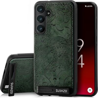 SURAZO Samsung Galaxy S24 Premium Echt Lederen Achterkant Beschermende Hoes Schokbestendig Stand Functie Sleutelhanger Slank Bloemenpatroon Bumper Groen Ornament SURAZO Samsung Galaxy S24 Premium Echt Lederen Achterkant Beschermende Hoes Schokbestendig Stand Functie Sleutelhanger Slank Bloemenpatroon Bumper Groen Ornament