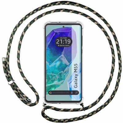 Tumundosmartphone Coque transparente pour Samsung Galaxy M55 5G avec cordon vert/doré Tumundosmartphone Coque transparente pour Samsung Galaxy M55 5G avec cordon vert/doré