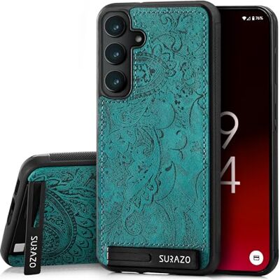 SURAZO Samsung Galaxy S24 Premium Lederen Achterkant Case Schokbestendig Met Standfunctie Sleutelhanger Bloemenpatroon Slanke Bumper Turquoise Ornament SURAZO Samsung Galaxy S24 Premium Lederen Achterkant Case Schokbestendig Met Standfunctie Sleutelhanger Bloemenpatroon Slanke Bumper Turquoise Ornament