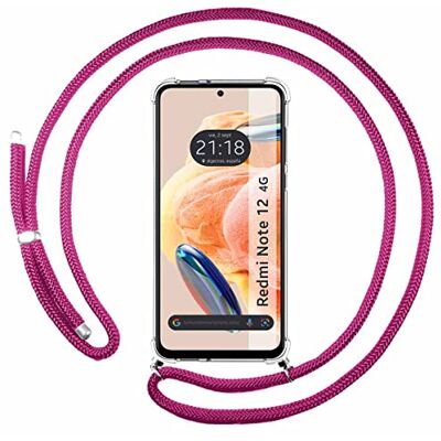 Tumundosmartphone Housse suspendue transparente pour Xiaomi Redmi Note 12 4G avec cordon rose fuchsia Tumundosmartphone Housse suspendue transparente pour Xiaomi Redmi Note 12 4G avec cordon rose fuchsia
