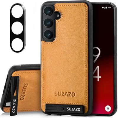 SURAZO Leren beschermhoes voor Samsung Galaxy S25, camerabescherming, achterkant van echt leer, standfunctie, sleutelring SURAZO Leren beschermhoes voor Samsung Galaxy S25, camerabescherming, achterkant van echt leer, standfunctie, sleutelring