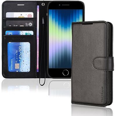 TECHGEAR Leren portemonneehoesje voor iPhone SE 2022 5G/2020, iPhone 8/7/6, kaarthouder en polsband, zwart, magnetische sluiting voor iPhone SE 3/SE 2/iPhone 8 7 6 6S 4,7 inch TECHGEAR Leren portemonneehoesje voor iPhone SE 2022 5G/2020, iPhone 8/7/6, kaarthouder en polsband, zwart, magnetische sluiting voor iPhone SE 3/SE 2/iPhone 8 7 6 6S 4,7 inch