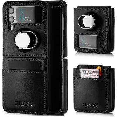 SURAZO Beschermhoes voor de achterkant van echt leer voor Samsung Galaxy Z Flip 4, stootvaste leren beschermhoes met kaartenvak, standfunctie SURAZO Beschermhoes voor de achterkant van echt leer voor Samsung Galaxy Z Flip 4, stootvaste leren beschermhoes met kaartenvak, standfunctie