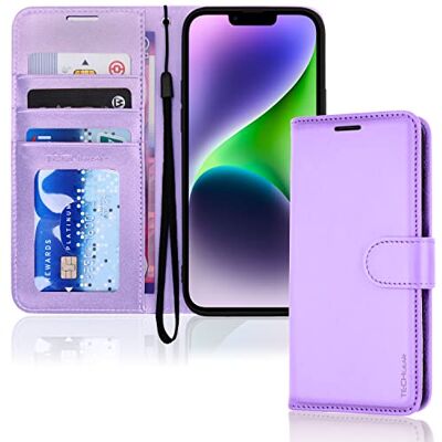 TECHGEAR Beschermhoes voor iPhone 14, portefeuille, leer, met beschermklep, kaartsleuven, standaard en polsband, PU-leer, paars, compatibel met iPhone 14 6,1 inch TECHGEAR Beschermhoes voor iPhone 14, portefeuille, leer, met beschermklep, kaartsleuven, standaard en polsband, PU-leer, paars, compatibel met iPhone 14 6,1 inch