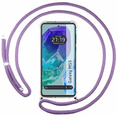 Tumundosmartphone Étui pendentif transparent pour Samsung Galaxy M55 5G avec cordon violet Tumundosmartphone Étui pendentif transparent pour Samsung Galaxy M55 5G avec cordon violet