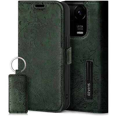 SURAZO Xiaomi 14 Pro 5G hoes, dunne magnetische beschermhoes, echt leer, met kaartenvak, RFID-bescherming, bloemenpatroon, flip case, groen SURAZO Xiaomi 14 Pro 5G hoes, dunne magnetische beschermhoes, echt leer, met kaartenvak, RFID-bescherming, bloemenpatroon, flip case, groen