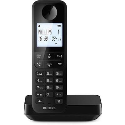 Philips D2701B Draadloze vaste telefoon, 4,6 inch display met achtergrondverlichting, verticale microfoon, handsfree bellen, tot 14 uur, geoptimaliseerde antenne, privacy-instellingen, zwart Philips D2701B Draadloze vaste telefoon, 4,6 inch display met achtergrondverlichting, verticale microfoon, handsfree bellen, tot 14 uur, geoptimaliseerde antenne, privacy-instellingen, zwart