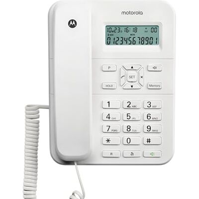 Motorola CT202 bedrade telefoon, 10 geheugentoetsen, handsfree-luidspreker, wachtmuziek, nummerherkenning, herhaling van het laatste nummer Wit Motorola CT202 bedrade telefoon, 10 geheugentoetsen, handsfree-luidspreker, wachtmuziek, nummerherkenning, herhaling van het laatste nummer Wit