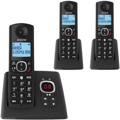 Alcatel F530 Voice Trio, draadloze telefoon met antwoordapparaat en 3 handsets, oproepblokkering en handsfree-functie, zwart Alcatel F530 Voice Trio, draadloze telefoon met antwoordapparaat en 3 handsets, oproepblokkering en handsfree-functie, zwart