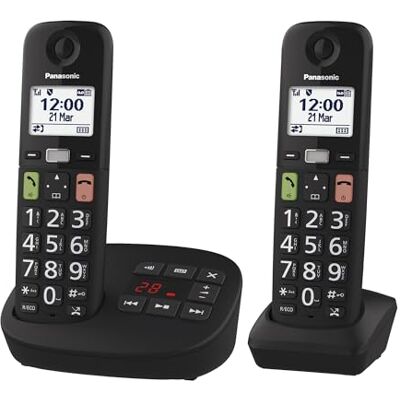 Panasonic KX-TGU132EXB Digitale telefoon, draadloos, met antwoordapparaat, basiseenheid en 2 handsets, lcd-display, grote toetsen, favoriete oproepen, compatibel met gehoorapparaten, zwart Panasonic KX-TGU132EXB Digitale telefoon, draadloos, met antwoordapparaat, basiseenheid en 2 handsets, lcd-display, grote toetsen, favoriete oproepen, compatibel met gehoorapparaten, zwart