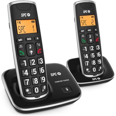 SPC Duo Comfort Kaiser zwarte draadloze telefoon met grote toetsen en grote cijfers, compatibel met gehoorapparaten, met een telefoonboek met 20 namen en nummers en handsfree, 7609N SPC Duo Comfort Kaiser zwarte draadloze telefoon met grote toetsen en grote cijfers, compatibel met gehoorapparaten, met een telefoonboek met 20 namen en nummers en handsfree, 7609N