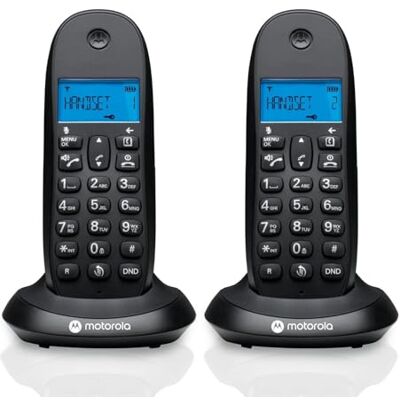Motorola C1002CB+ Draadloze digitale telefoon, DECT, oproepblokkering, nummerherkenning, handsfree, 50 cijfers, display met achtergrondverlichting, zwart, 2 stuks Motorola C1002CB+ Draadloze digitale telefoon, DECT, oproepblokkering, nummerherkenning, handsfree, 50 cijfers, display met achtergrondverlichting, zwart, 2 stuks