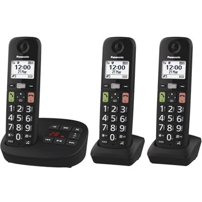 Panasonic KX-TGU133EXB Digitale telefoon, draadloos, met antwoordapparaat, basiseenheid en 3 handsets, lcd-display, grote toetsen, favoriete oproepen, compatibel met gehoorapparaten, zwart Panasonic KX-TGU133EXB Digitale telefoon, draadloos, met antwoordapparaat, basiseenheid en 3 handsets, lcd-display, grote toetsen, favoriete oproepen, compatibel met gehoorapparaten, zwart
