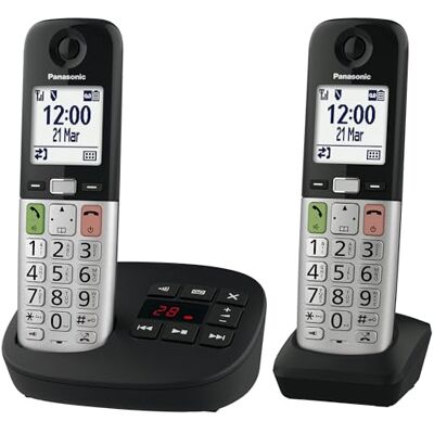 Panasonic KX-TGU432EXB Digitale telefoon, draadloos, met antwoordapparaat, basiseenheid en 2 handsets, lcd-display, favoriete oproepen, zaklamp, compatibel met hoorapparaten, zwart en zilver Panasonic KX-TGU432EXB Digitale telefoon, draadloos, met antwoordapparaat, basiseenheid en 2 handsets, lcd-display, favoriete oproepen, zaklamp, compatibel met hoorapparaten, zwart en zilver