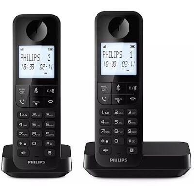 Philips Duo D2702B Draadloze vaste telefoon, 4,6 inch display met achtergrondverlichting, verticale microfoon, handsfree bellen, tot 14 uur, geoptimaliseerde antenne, twee telefoons, zwart Philips Duo D2702B Draadloze vaste telefoon, 4,6 inch display met achtergrondverlichting, verticale microfoon, handsfree bellen, tot 14 uur, geoptimaliseerde antenne, twee telefoons, zwart