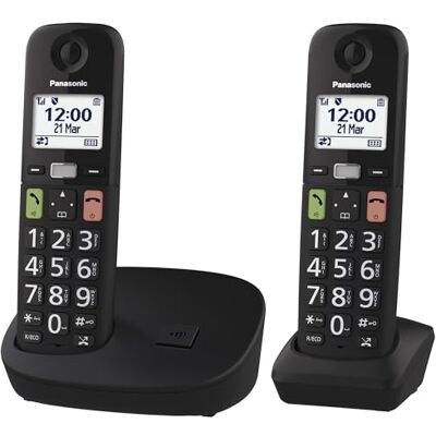 Panasonic KX-TGU112EXB Digitale telefoon, draadloos, zonder antwoordapparaat, basiseenheid en 2 handsets, lcd-display, grote toetsen, favoriete oproepen, compatibel met hoorapparaten, zwart Panasonic KX-TGU112EXB Digitale telefoon, draadloos, zonder antwoordapparaat, basiseenheid en 2 handsets, lcd-display, grote toetsen, favoriete oproepen, compatibel met hoorapparaten, zwart