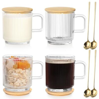 Anhow Set van 4 koffiekopjes van glas 350 ml met bamboedeksel Voor cappuccino, macchiato, thee, melk, sap, koude en warme dranken, transparant Anhow Set van 4 koffiekopjes van glas 350 ml met bamboedeksel Voor cappuccino, macchiato, thee, melk, sap, koude en warme dranken, transparant