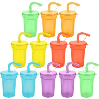 GOMETY Set van 12 herbruikbare partybekers van 380 ml van kunststof met deksel en rietjes met kleurveranderende rietjes voor koud drinken, smoothie, sap, ijskoffie GOMETY Set van 12 herbruikbare partybekers van 380 ml van kunststof met deksel en rietjes met kleurveranderende rietjes voor koud drinken, smoothie, sap, ijskoffie