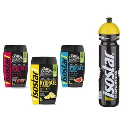 Isostar Hydrate & Perform grapefruit – citroen – oranje + fles 1 l. Isostar Hydrate & Perform grapefruit – citroen – oranje + fles 1 l.
