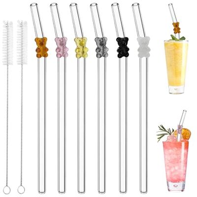 Luxoraiova Set van 6 herbruikbare glazen rietjes met reinigingsborstels voor sap, cocktails, smoothies, koffie, melk (kleine beer) Luxoraiova Set van 6 herbruikbare glazen rietjes met reinigingsborstels voor sap, cocktails, smoothies, koffie, melk (kleine beer)