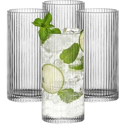 WANDGU Set van 4 gecanneleerde longdrinkglazen van 360 ml: koffiekopjes, transparante glazen glazen, premium glas, koffiekopjes voor thee, melk, whisky, sap, mojito WANDGU Set van 4 gecanneleerde longdrinkglazen van 360 ml: koffiekopjes, transparante glazen glazen, premium glas, koffiekopjes voor thee, melk, whisky, sap, mojito