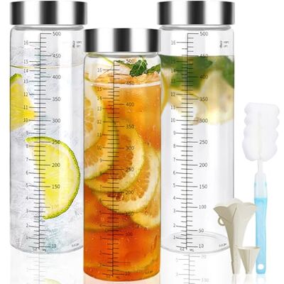 UBBOY Set van 3 glazen flessen van 500 ml met stalen deksel Herbruikbare glazen fles, maatschaal, voor sap, smoothies, koffie, melk, thee, om mee te nemen UBBOY Set van 3 glazen flessen van 500 ml met stalen deksel Herbruikbare glazen fles, maatschaal, voor sap, smoothies, koffie, melk, thee, om mee te nemen