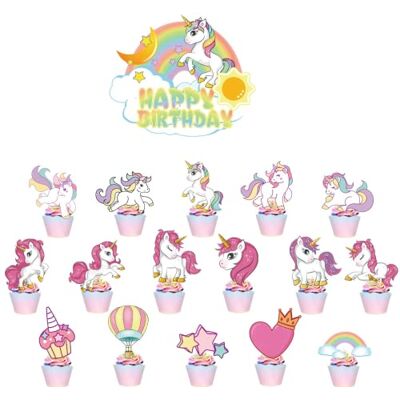 Taarttopper, eenhoorn, cupcake-toppers, vlag, tandenstokers, 17 stuks, taartdecoratie voor kinderen, verjaardag, babyshower, verjaardagsfeest, bruiloft Taarttopper, eenhoorn, cupcake-toppers, vlag, tandenstokers, 17 stuks, taartdecoratie voor kinderen, verjaardag, babyshower, verjaardagsfeest, bruiloft