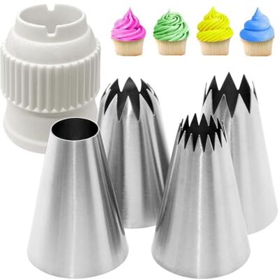 Kisvic 4 stuks grote roestvrijstalen spuitmonden met adapter (XL) voor spuitzak, cupcake-decoratie, cake, glazuur, koekjes Kisvic 4 stuks grote roestvrijstalen spuitmonden met adapter (XL) voor spuitzak, cupcake-decoratie, cake, glazuur, koekjes