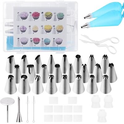 Carehabi 34 stuks roestvrijstalen spuitmonden en 2 herbruikbare siliconen spuitzakken voor cake, cupcakes, koekjes, gebak Carehabi 34 stuks roestvrijstalen spuitmonden en 2 herbruikbare siliconen spuitzakken voor cake, cupcakes, koekjes, gebak