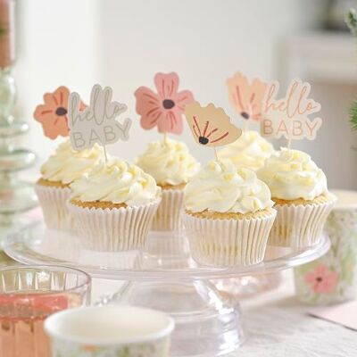 Ginger Ray 12 stuks Hello Baby bloem cupcake toppers met houten spiesen Ginger Ray 12 stuks Hello Baby bloem cupcake toppers met houten spiesen