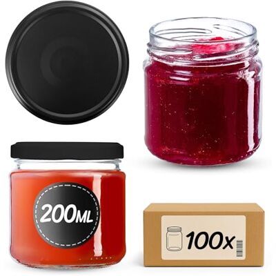 KADAX 100 stuks mini-weckpotten van 200 ml, diameter 66 mm, luchtdicht, rond, voor inmaken, jam, honing en specerijen, mat zwart KADAX 100 stuks mini-weckpotten van 200 ml, diameter 66 mm, luchtdicht, rond, voor inmaken, jam, honing en specerijen, mat zwart