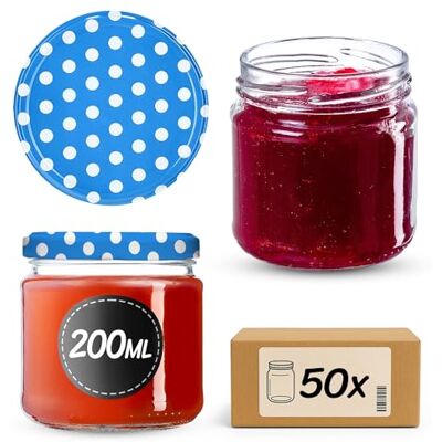 KADAX 50 stuks mini-weckpotten van 200 ml, diameter 66 mm, luchtdicht, rond, voor inmaken, jam, honing en specerijen, blauw gestippeld KADAX 50 stuks mini-weckpotten van 200 ml, diameter 66 mm, luchtdicht, rond, voor inmaken, jam, honing en specerijen, blauw gestippeld