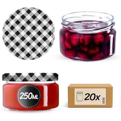 KADAX Set van 20 kleine jampotten met deksel, 250 ml, luchtdicht, voor honing en specerijen, zwart geruit KADAX Set van 20 kleine jampotten met deksel, 250 ml, luchtdicht, voor honing en specerijen, zwart geruit