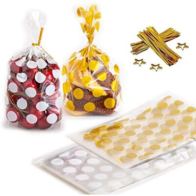 BEEK Sunbbingsp 200 stuks plastic zakjes voor snoep met 200 goudkleurige bevestigingen, plastic zakken, snoepzakken voor koekjes, cake, chocolade, snoep BEEK Sunbbingsp 200 stuks plastic zakjes voor snoep met 200 goudkleurige bevestigingen, plastic zakken, snoepzakken voor koekjes, cake, chocolade, snoep