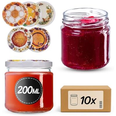 KADAX Set van 10 kleine jampotten, 200 ml, ronde mini-potjes voor honing en specerijen, luchtdichte weckpotten, voorraadpotten van glas (bloemenhoning) KADAX Set van 10 kleine jampotten, 200 ml, ronde mini-potjes voor honing en specerijen, luchtdichte weckpotten, voorraadpotten van glas (bloemenhoning)