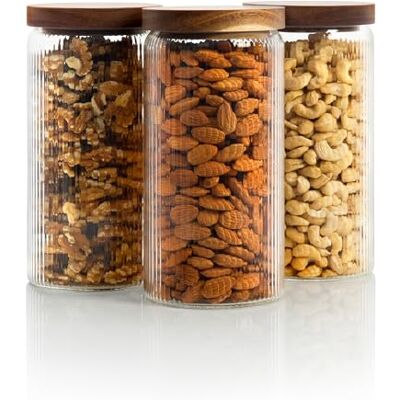 Mason & Fable Geribbelde glazen potten met houten deksel, luchtdichte glazen opbergdozen voor koekjes, pasta, hondenlekkernijen, snacks (1300 ml, 3 stuks) Mason & Fable Geribbelde glazen potten met houten deksel, luchtdichte glazen opbergdozen voor koekjes, pasta, hondenlekkernijen, snacks (1300 ml, 3 stuks)
