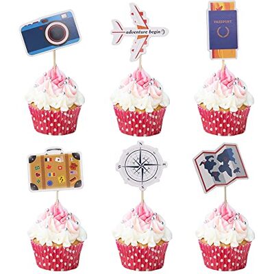 GotGala 24 stuks cupcake-toppers met reisthema, vliegtuigkaart en camera voor de wereld wacht op reizen, babyshower, pensioen GotGala 24 stuks cupcake-toppers met reisthema, vliegtuigkaart en camera voor de wereld wacht op reizen, babyshower, pensioen