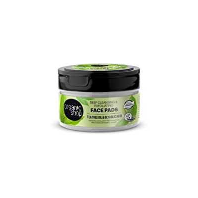 Organic Shop Gemakkelijk te reinigen reinigingsschijven, theeboomolie en glicolzuur Organic Shop Gemakkelijk te reinigen reinigingsschijven, theeboomolie en glicolzuur