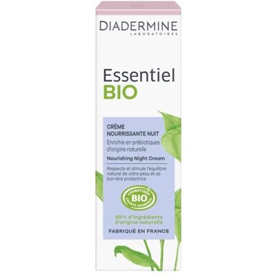 Diadermine Essentiel Bio Voedende gezichtscrème 's nachts Verrijkt met prebiotica van natuurlijke oorsprong Biologisch gecertificeerd 99% ingrediënten van natuurlijke oorsprong Bevat 50 ml Diadermine Essentiel Bio Voedende gezichtscrème 's nachts Verrijkt met prebiotica van natuurlijke oorsprong Biologisch gecertificeerd 99% ingrediënten van natuurlijke oorsprong Bevat 50 ml