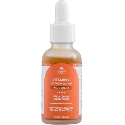 Nature Spell Gezichtsserum met vitamine C, vermindert tekenen van veroudering en egaliseert de teint met rozenwater en zoethout, veganistisch, 30 ml Nature Spell Gezichtsserum met vitamine C, vermindert tekenen van veroudering en egaliseert de teint met rozenwater en zoethout, veganistisch, 30 ml