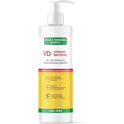 VITAMINDERMINA Ligne Sebo sebonormaliserende reinigingsgel, 240 ml, dagelijkse gezichtsreiniging voor vette, onzuivere en acne-gevoelige huid, met barnsteenzuur, 5 ceramiden, vitamine complex VITAMINDERMINA Ligne Sebo sebonormaliserende reinigingsgel, 240 ml, dagelijkse gezichtsreiniging voor vette, onzuivere en acne-gevoelige huid, met barnsteenzuur, 5 ceramiden, vitamine complex
