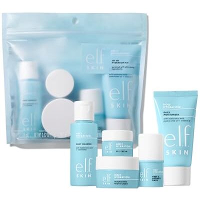 e.l.f. SKIN Jet Set Hydration Kit, reisvriendelijke hydraterende huidverzorging, reiniger voor je gezicht, balsem, oogcrème en nachtcrème, veganistisch en dierproefvrij e.l.f. SKIN Jet Set Hydration Kit, reisvriendelijke hydraterende huidverzorging, reiniger voor je gezicht, balsem, oogcrème en nachtcrème, veganistisch en dierproefvrij