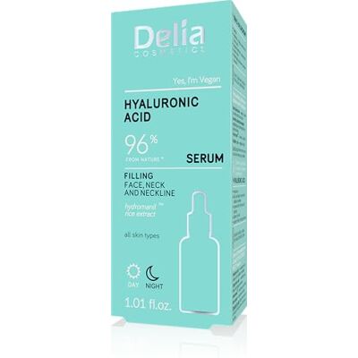 Delia Cosmetics Hyaluronzuurserum anti-rimpel hydraterende behandeling voor alle huidtypes veganistisch serum voor gezicht en decolleté 30 ml Delia Cosmetics Hyaluronzuurserum anti-rimpel hydraterende behandeling voor alle huidtypes veganistisch serum voor gezicht en decolleté 30 ml