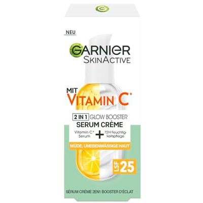 Garnier Serumcrème tegen vermoeide huid en donkere vlekken voor een frisse, gelijkmatige glans met vitamine C, Skin Active, 50 ml Garnier Serumcrème tegen vermoeide huid en donkere vlekken voor een frisse, gelijkmatige glans met vitamine C, Skin Active, 50 ml