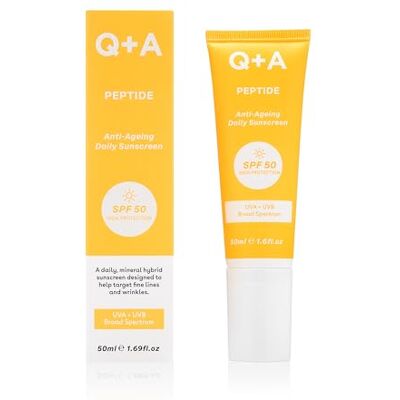 Q+A Peptide Anti-Aging Dagelijkse Zonnecrème SPF 50: Licht, niet plakkerig, UVA/UVB-bescherming, collageen-stimulerend, hydraterend, verhelderend de teint, 95% natuurlijk, veganistisch, SPF gezicht, 50 ml. Q+A Peptide Anti-Aging Dagelijkse Zonnecrème SPF 50: Licht, niet plakkerig, UVA/UVB-bescherming, collageen-stimulerend, hydraterend, verhelderend de teint, 95% natuurlijk, veganistisch, SPF gezicht, 50 ml.