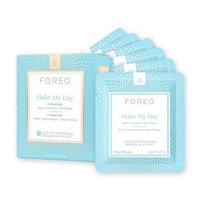 FOREO Make My Day gezichtsmasker voor droge, gedehydrateerde huid, 7 stuks, hydraterend en anti-milieuvervuiling, hyaluronzuur en rode algen, zuivere formule, dierproefvrij, compatibel met alle UFO-apparaten FOREO Make My Day gezichtsmasker voor droge, gedehydrateerde huid, 7 stuks, hydraterend en anti-milieuvervuiling, hyaluronzuur en rode algen, zuivere formule, dierproefvrij, compatibel met alle UFO-apparaten