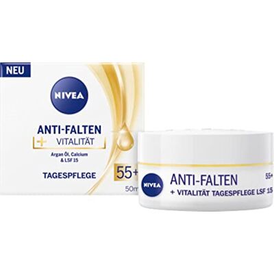 Beiersdorf NIVEA Anti-rimpelcrème + dagelijkse vitaliteit SPF 15 55+ (50 ml), gezichtscrème met arganolie en calcium, dagcrème kalmeert zichtbare rimpels en rimpels Beiersdorf NIVEA Anti-rimpelcrème + dagelijkse vitaliteit SPF 15 55+ (50 ml), gezichtscrème met arganolie en calcium, dagcrème kalmeert zichtbare rimpels en rimpels
